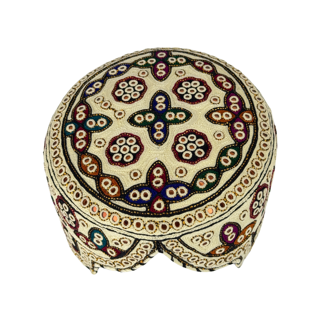 White Balochi Topi - Flower Design - Golden Shade  - Nasir Bhai
