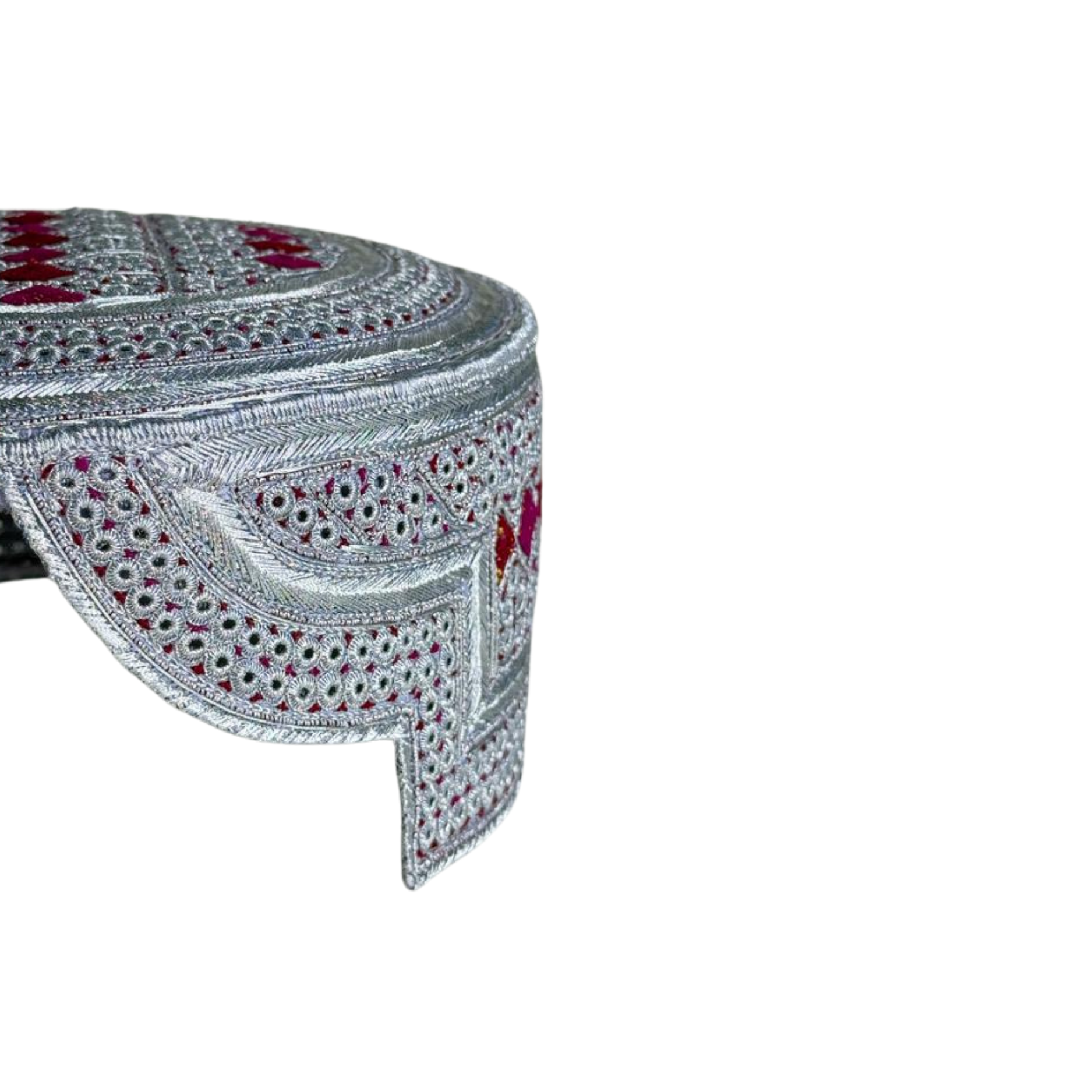 White Sindhi Topi - Pink Stitching - Maroon and Pink Tikki - Raja Cap