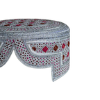 White Sindhi Topi - Pink Stitching - Brown and Pink Tikki -  Raja Cap