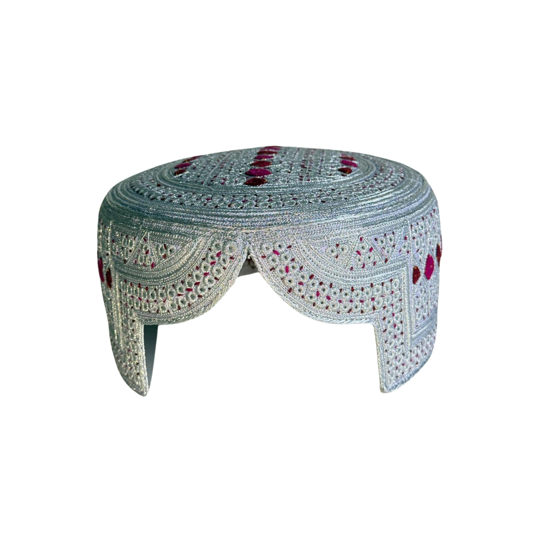 White Sindhi Topi - Pink Stitching - Maroon and Pink Tikki - Raja Cap