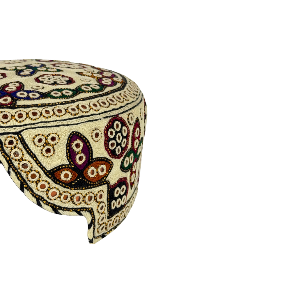 White Balochi Topi - Flower Design - Golden Shade  - Nasir Bhai