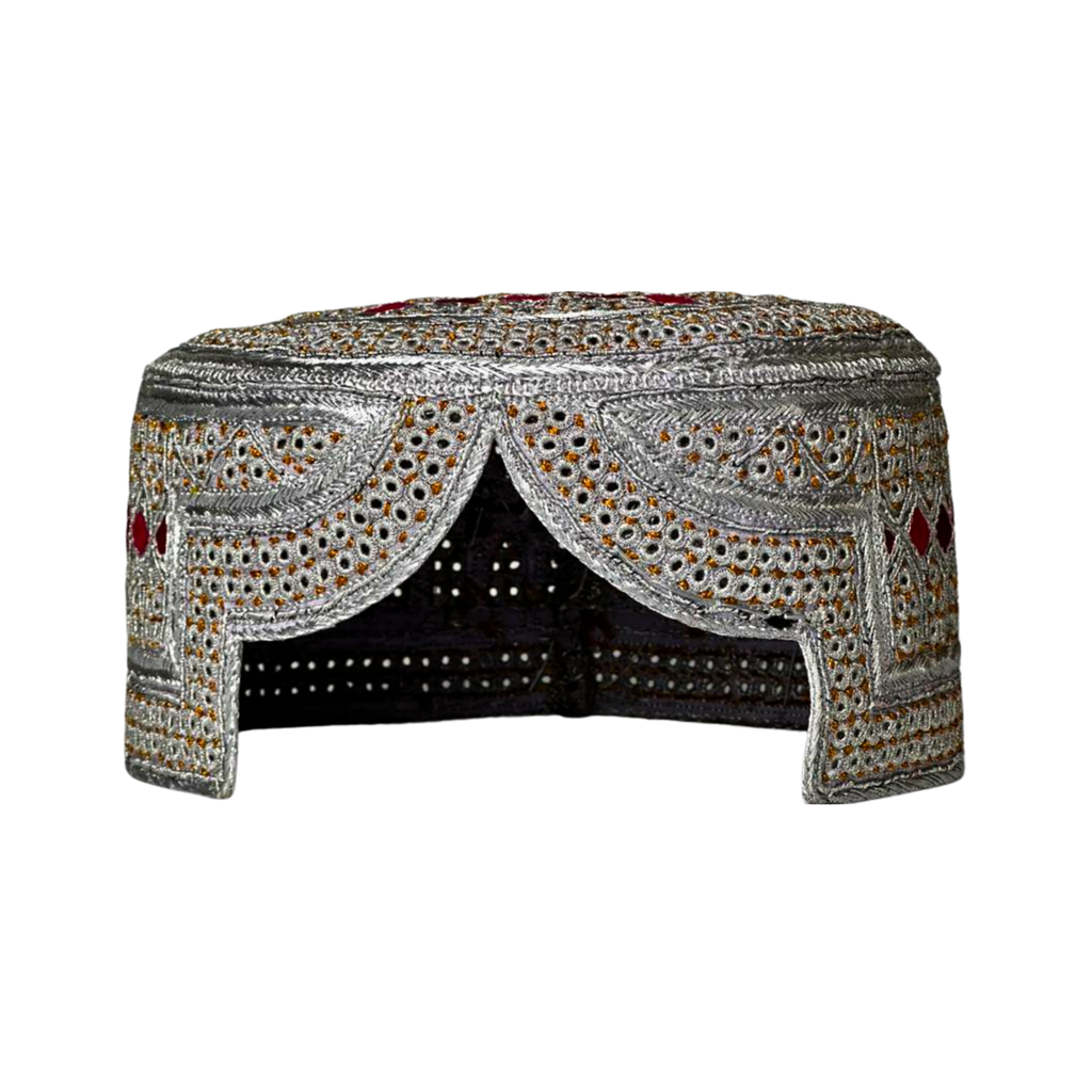 White Sindhi Topi - Pink Stitching - Pink And Maroon Tikki - Raja Cap