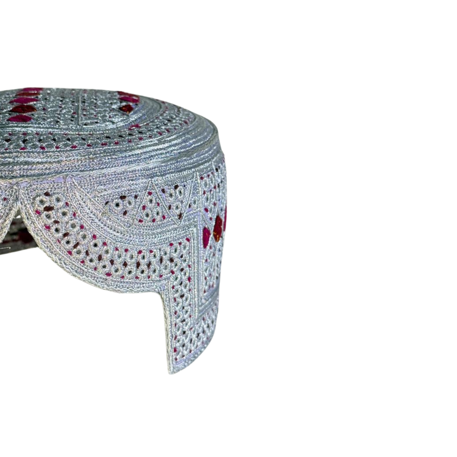 White Sindhi Topi - Pink Stitching - Maroon and Pink Tikki - Raja Cap