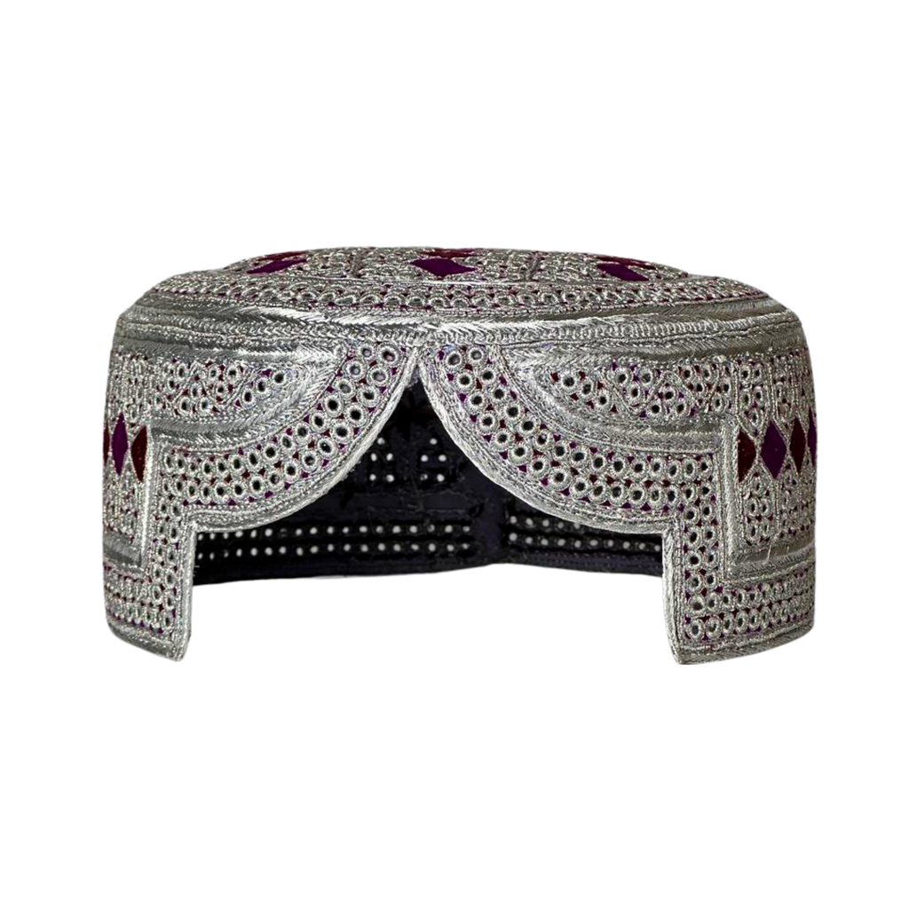 White Sindhi Topi - Silver Stitching - Purple And Maroon TIkki - Raja Cap
