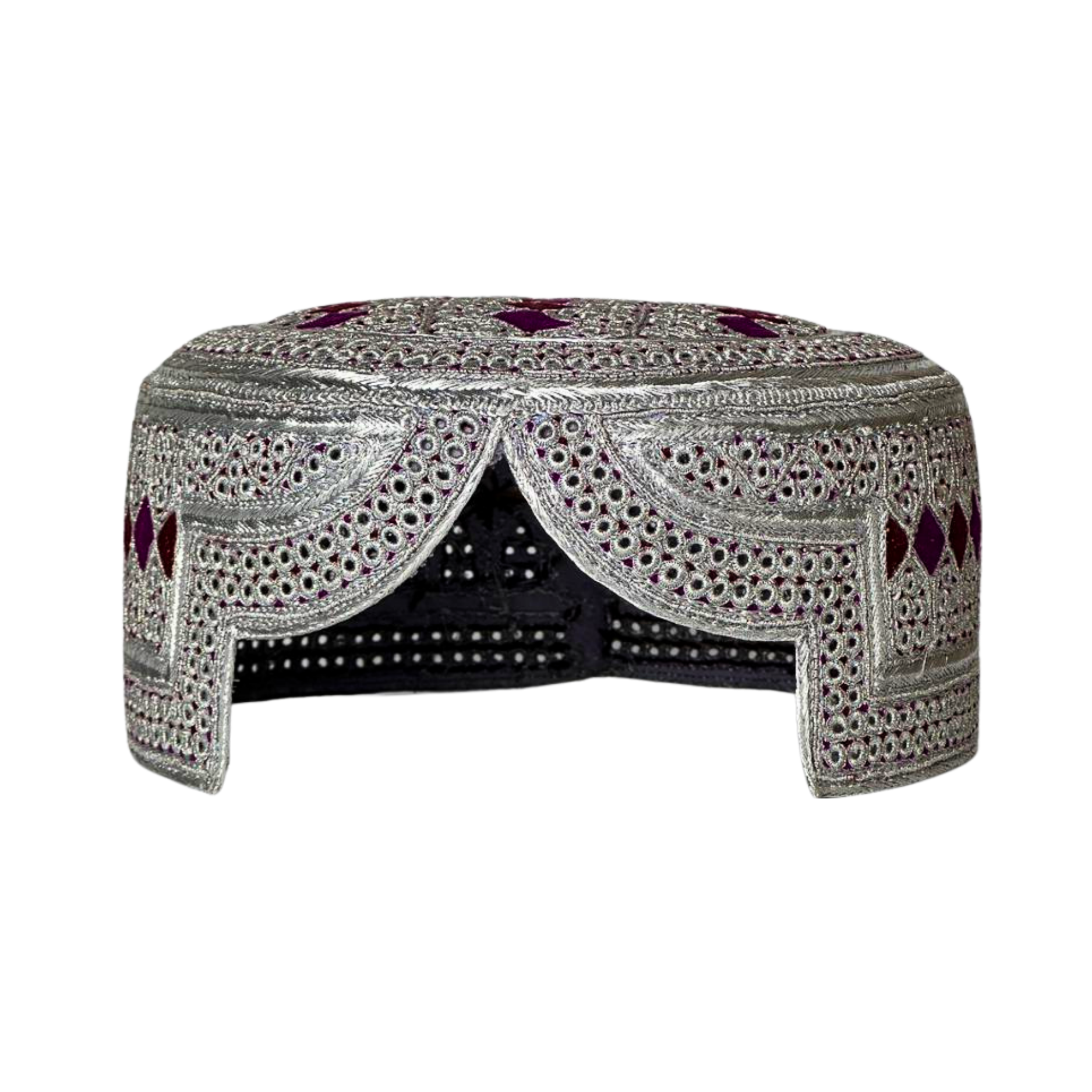 White Sindhi Topi - Silver Stitching - Purple And Maroon TIkki - Raja Cap