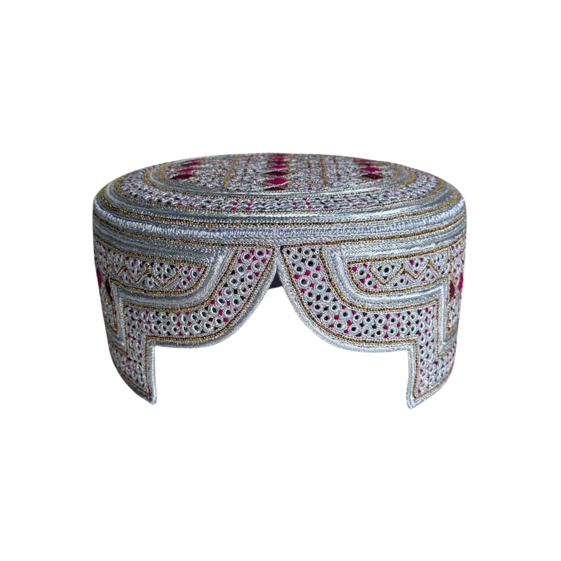 White Sindhi Topi - Pink and Golden Stitching - Maroon and Pink Tikki - Raja Cap
