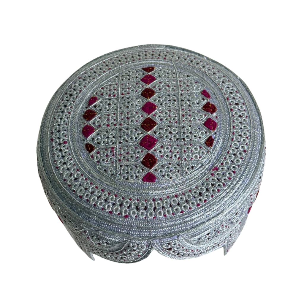 White Sindhi Topi - Pink Stitching - Maroon and PInk Tikki - Raja Cap
