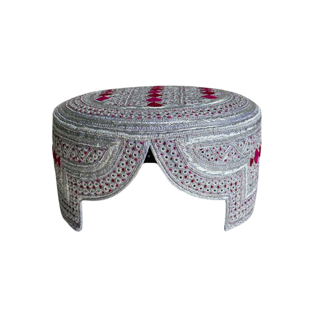 White Sindhi Topi - Pink Stitching - Maroon and Pink Tikki - Raja Cap