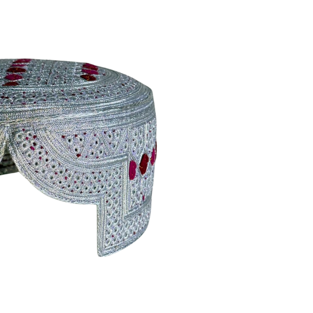 White Sindhi Topi - PInk Stitching - Maroon and Pink Tikki - Raja Cap
