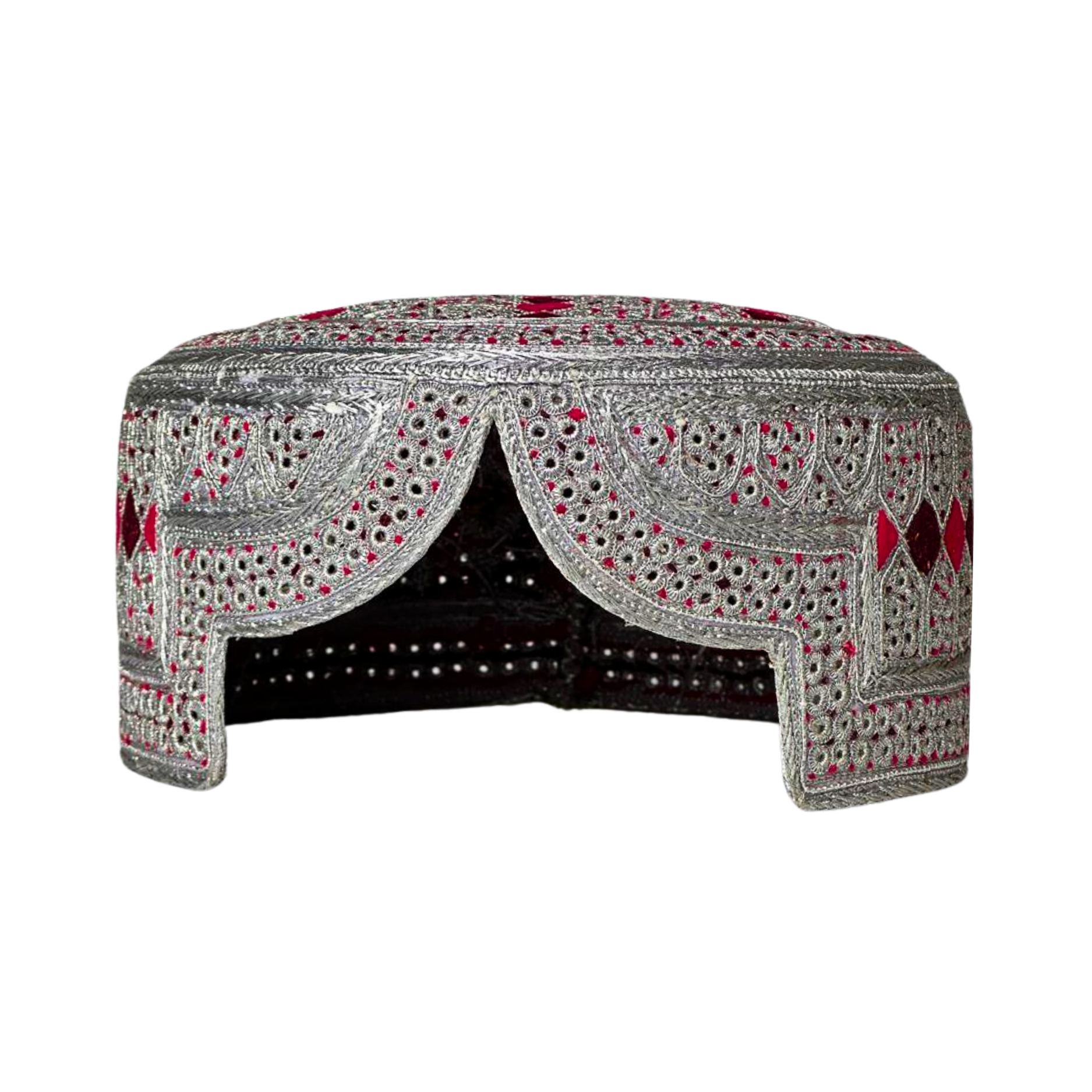 White Sindhi Topi - Pink And Purple Tikki - Pink Stitching - Raja Cap