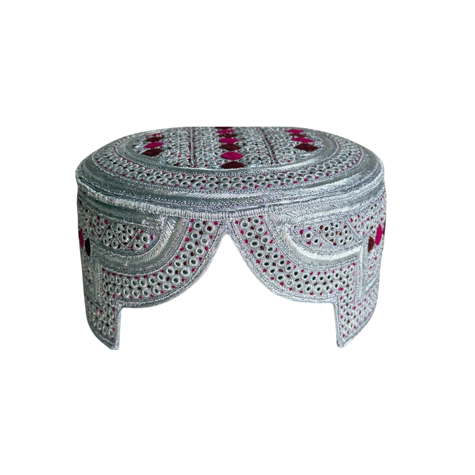 White Sindhi Topi - Pink Stitching - Maroon and Pink Tikki - Raja Cap