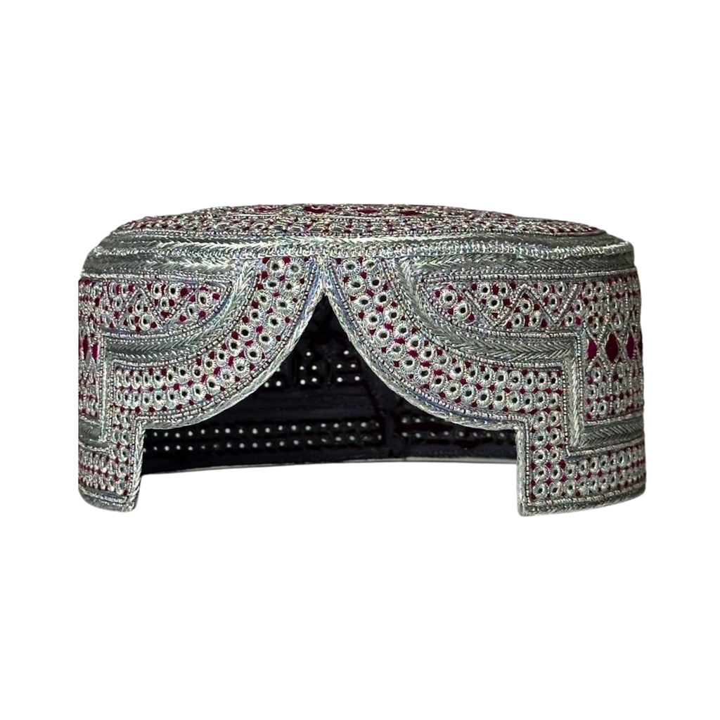 White Sindhi Topi - Pink Stitching - Maroon And Pink Tikki - Raja Cap