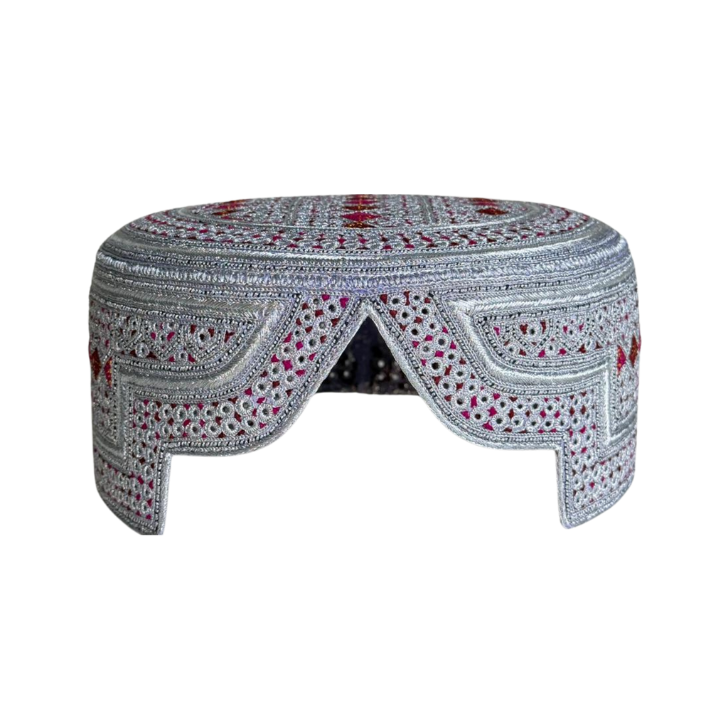White Sindhi Tipo - Pink Stitching - Brown And Pink  Tikki- Raja Cap