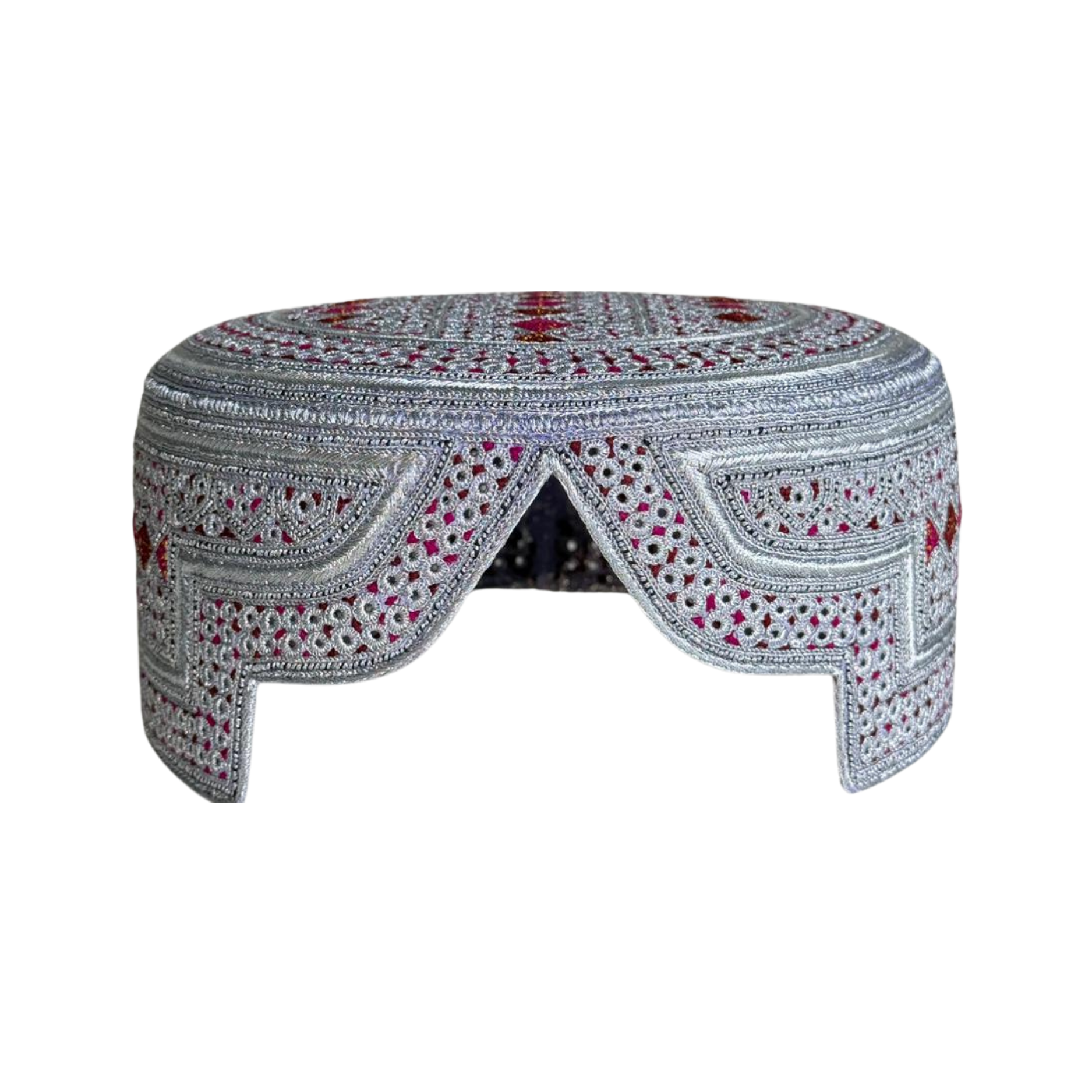 White Sindhi Tipo - Pink Stitching - Brown And Pink  Tikki- Raja Cap