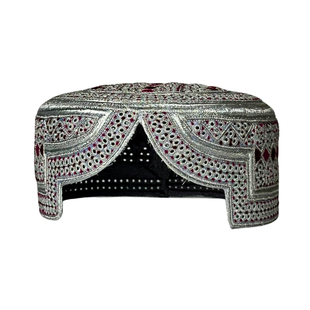 White Sindhi Topi - Maroon Stitching - Maroon And Red Tikki - Raja Cap