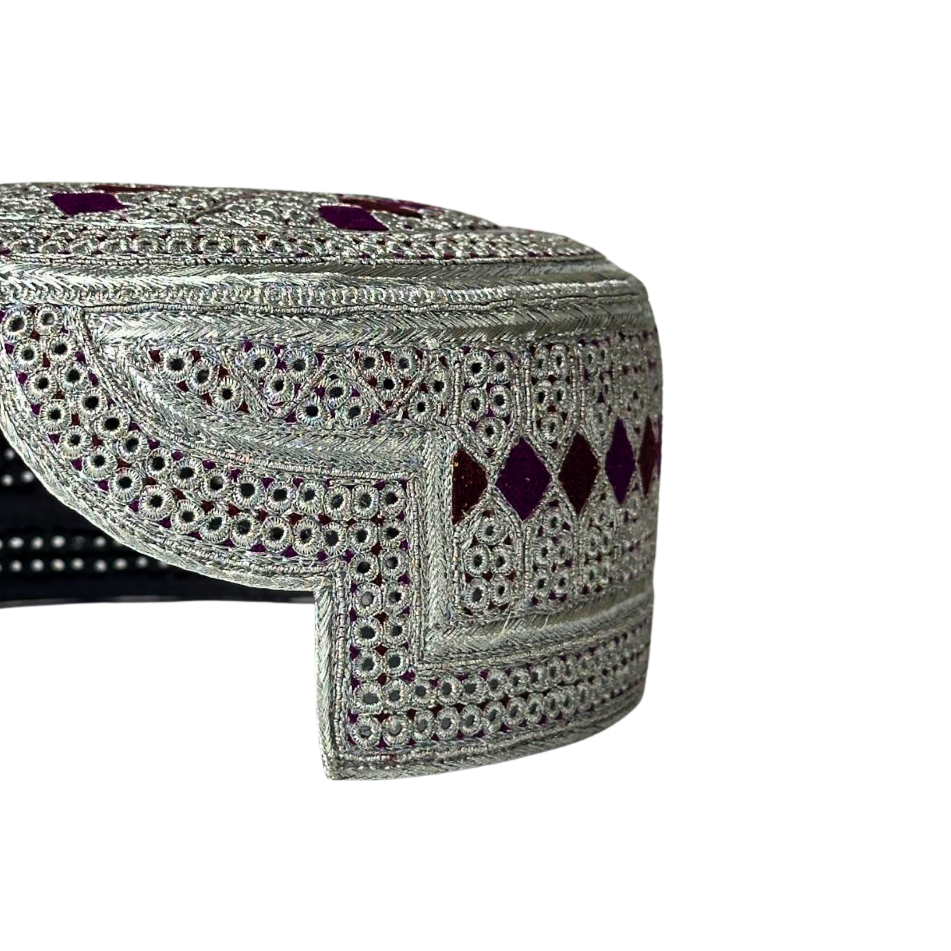 White Sindhi Topi - Silver Stitching - Purple And Maroon TIkki - Raja Cap