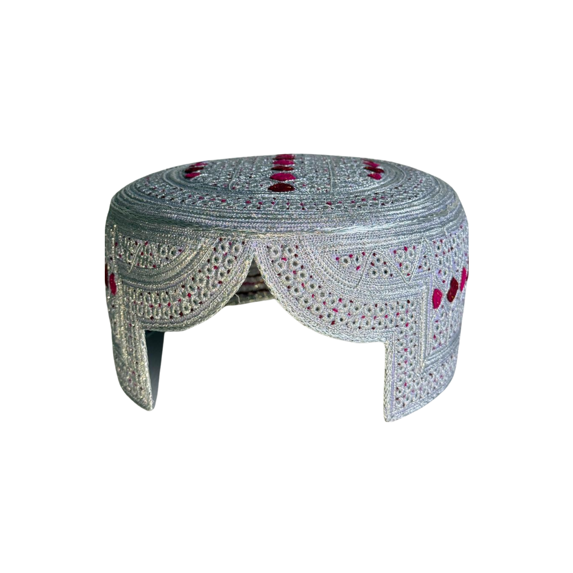 White Sindhi Topi - Pink Stitching - Maroon and PInk Tikki - Raja Cap