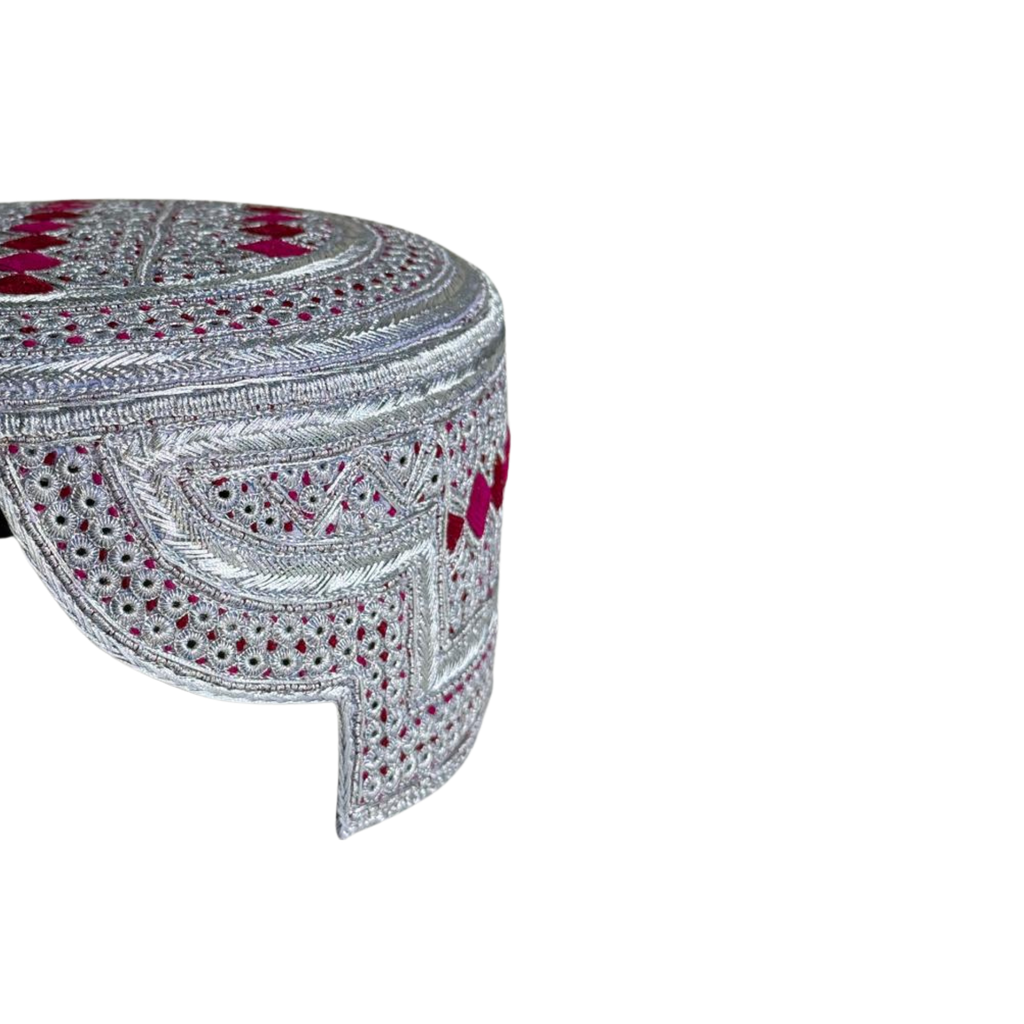 White Sindhi Topi - Pink Stitching - Maroon and Pink Tikki - Raja Cap