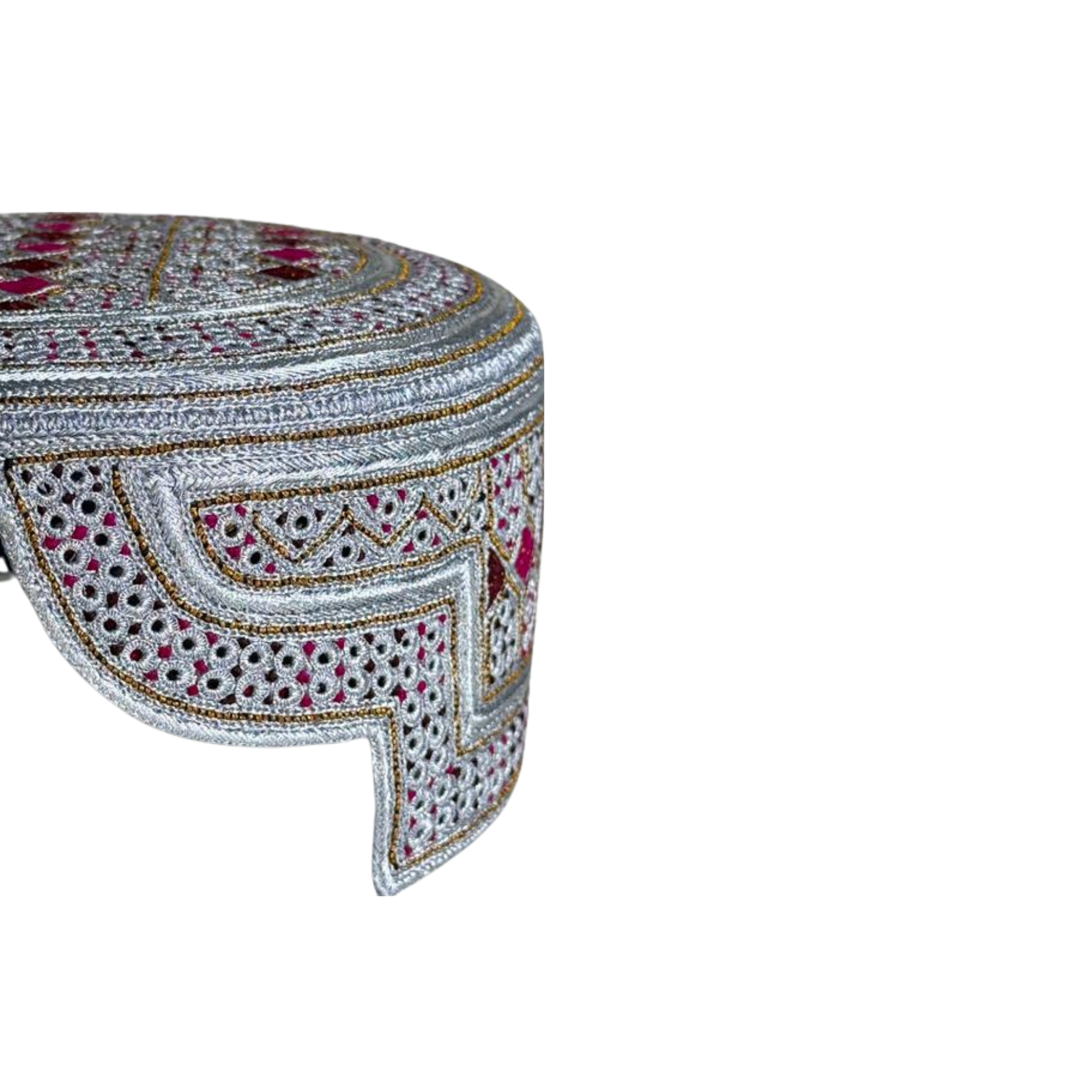White Sindhi Topi - Pink and Golden Stitching - Maroon and Pink Tikki - Raja Cap