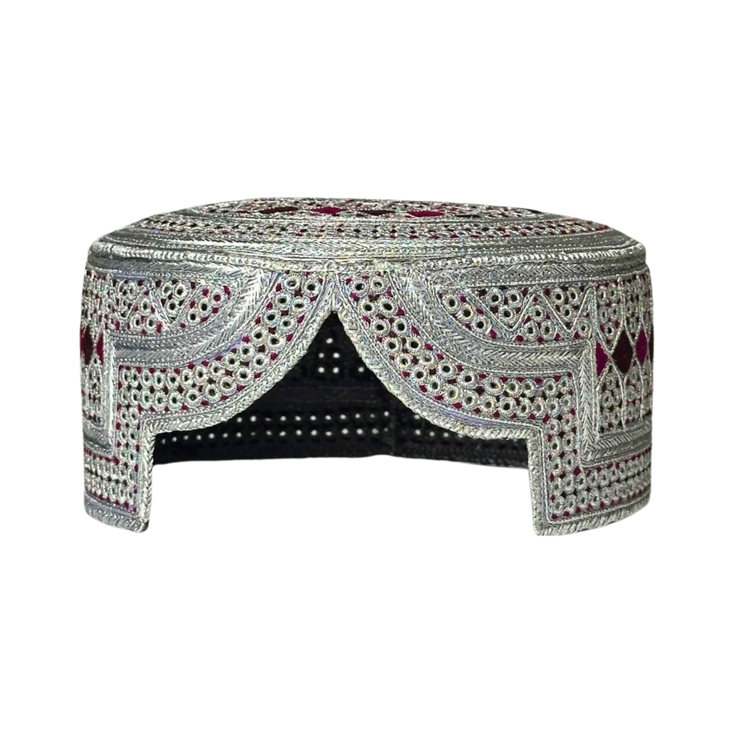 White Sindhi Topi - Red Stitching - Red And Pink Tikki - Raja Cap