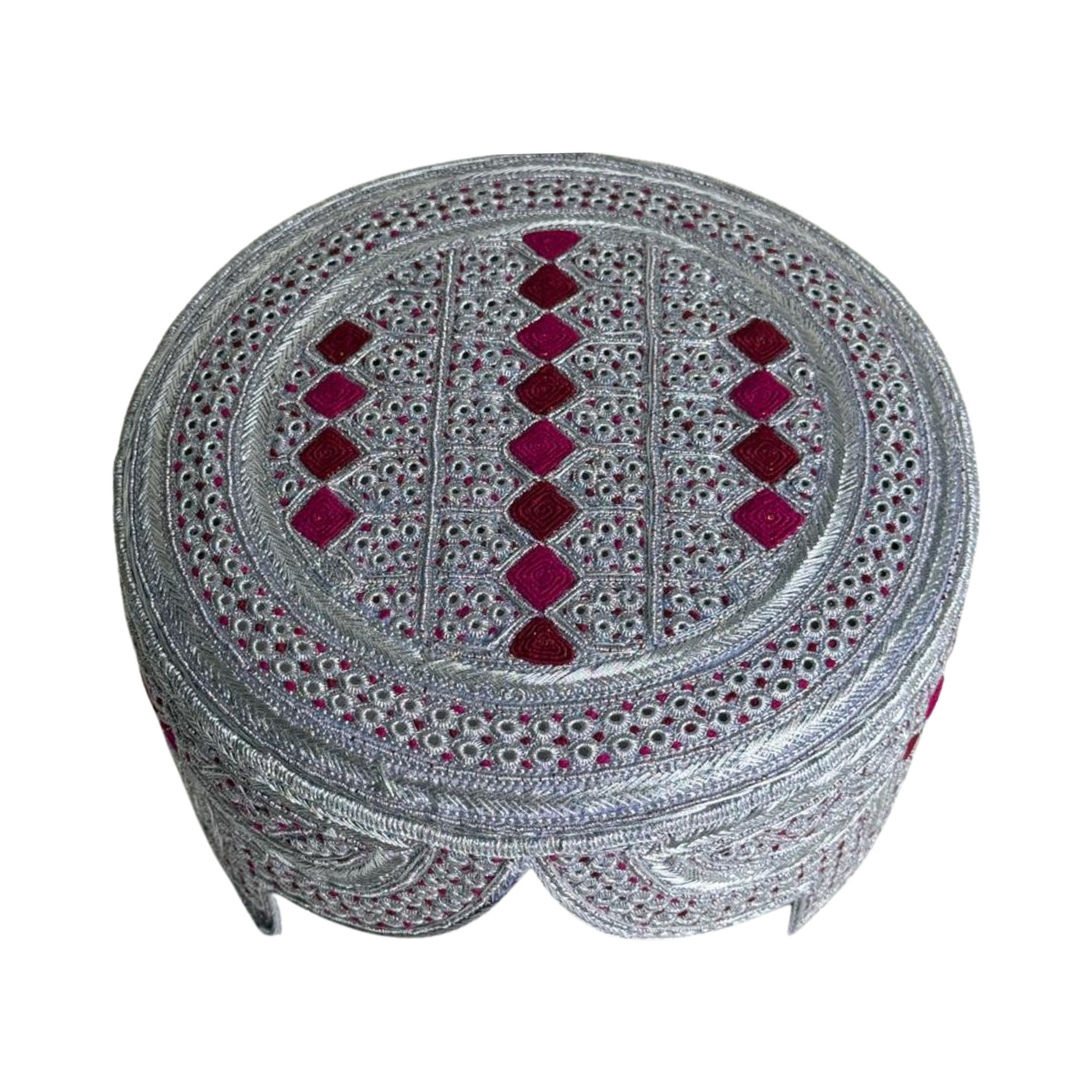 White Sindhi Topi - Pink Stitching - Maroon and Pink Tikki - Raja Cap