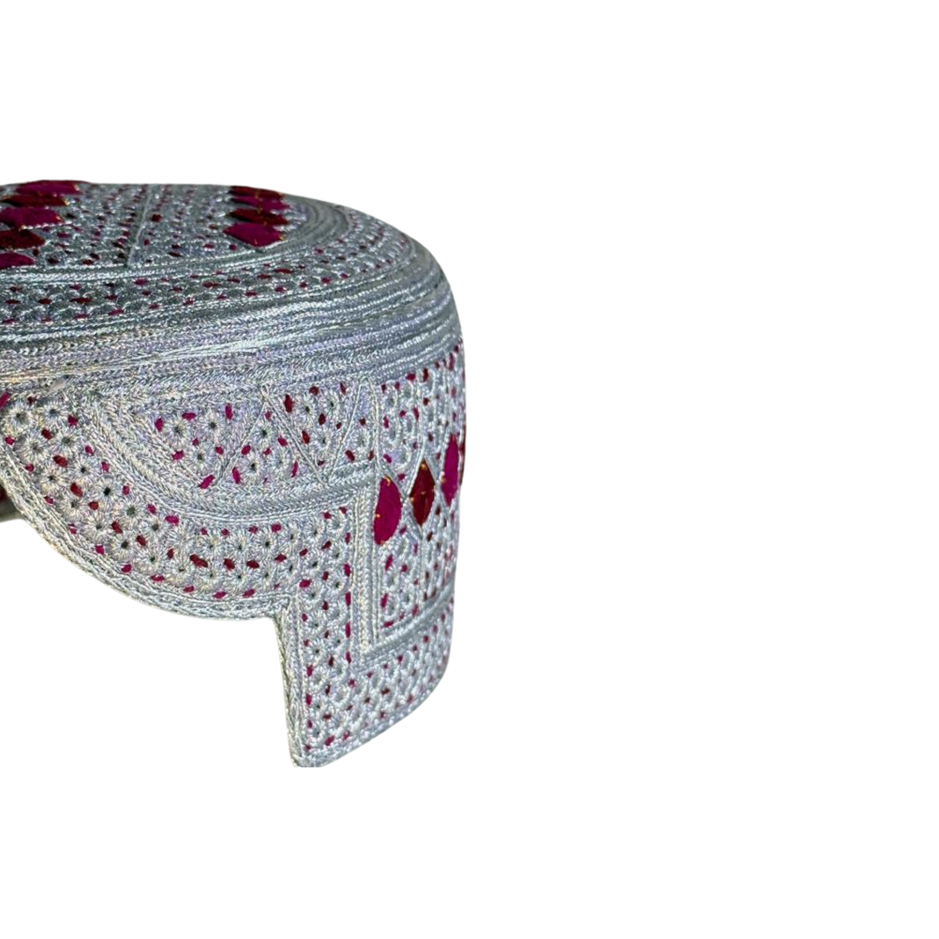 White Sindhi Topi - Pink Stitching - Pink and Maroon Tikki - Raja Cap