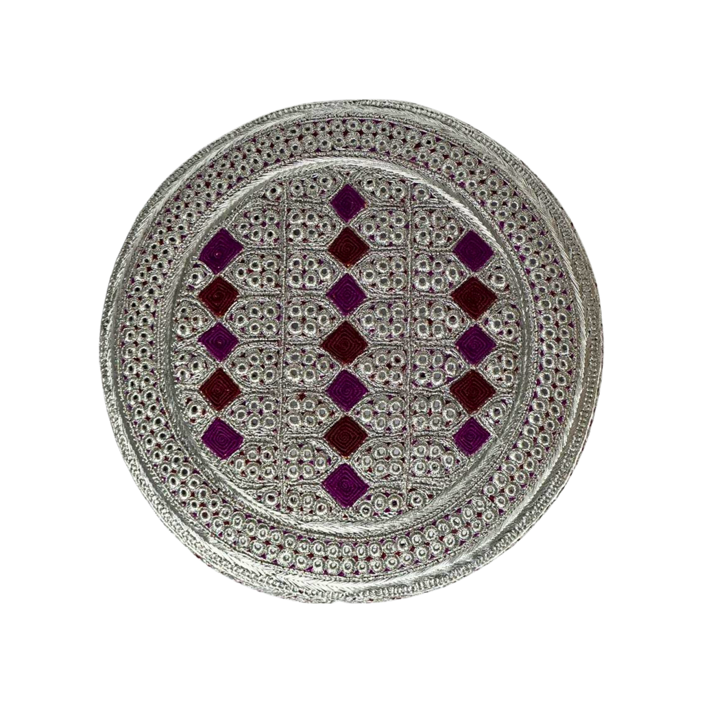 White Sindhi Topi - Silver Stitching - Purple And Maroon TIkki - Raja Cap