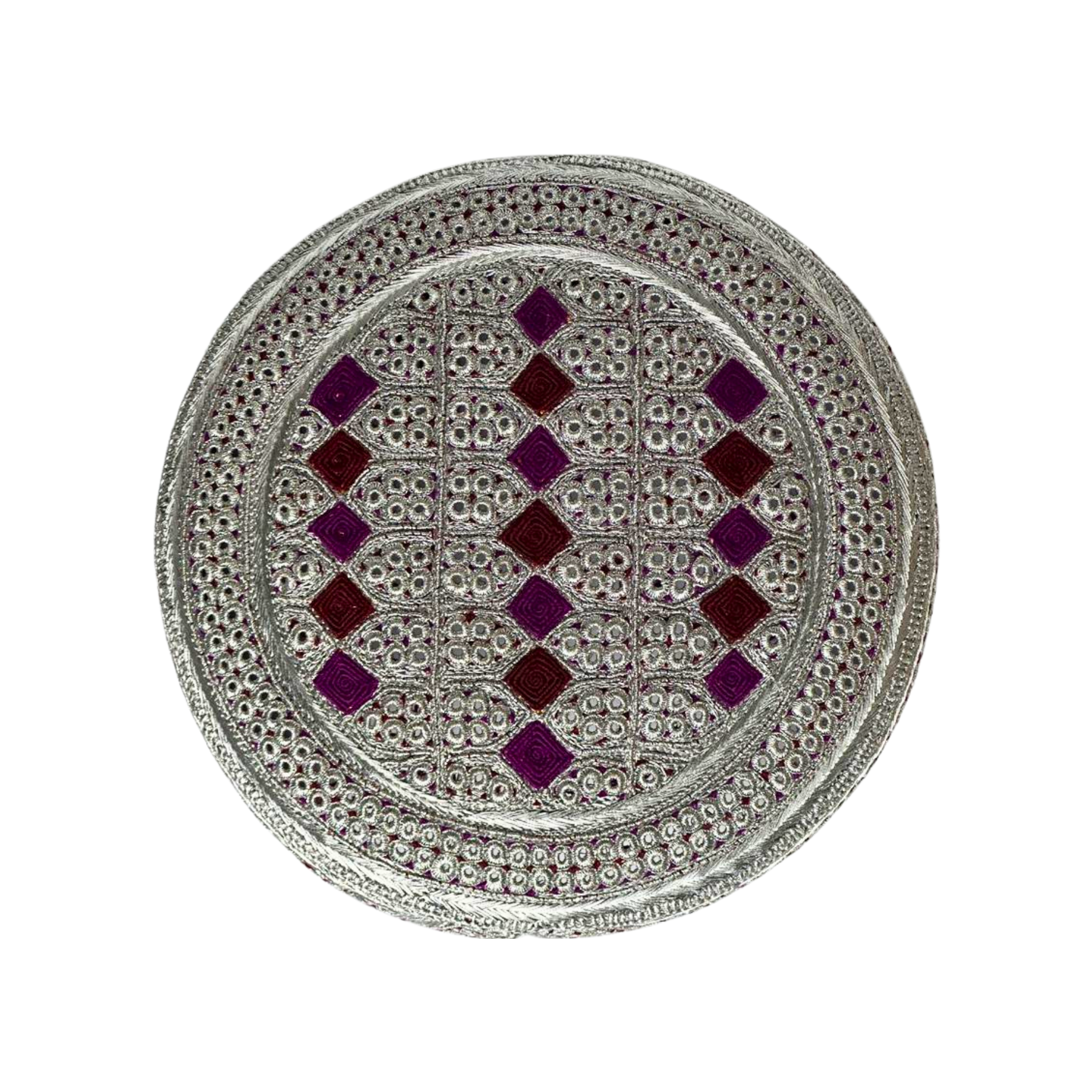 White Sindhi Topi - Silver Stitching - Purple And Maroon TIkki - Raja Cap