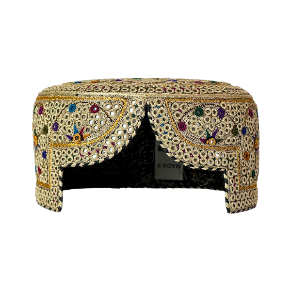 Light Borwn Sindhi Topi - Flower Design - White Shade - Nasir Bhai