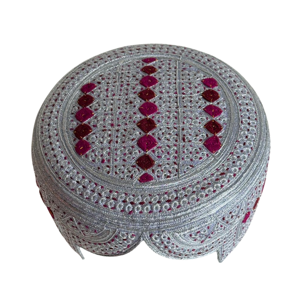 White Sindhi Topi - Pink Stitching - Pink and Maroon Tikki - Raja Cap