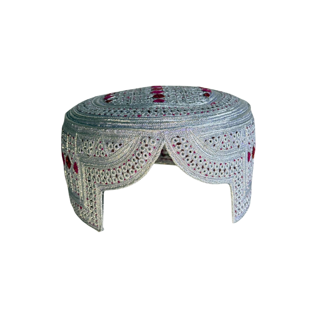 White Sindhi Topi - Pink Stitching - Pink and Maroon Tikki - Raja Cap