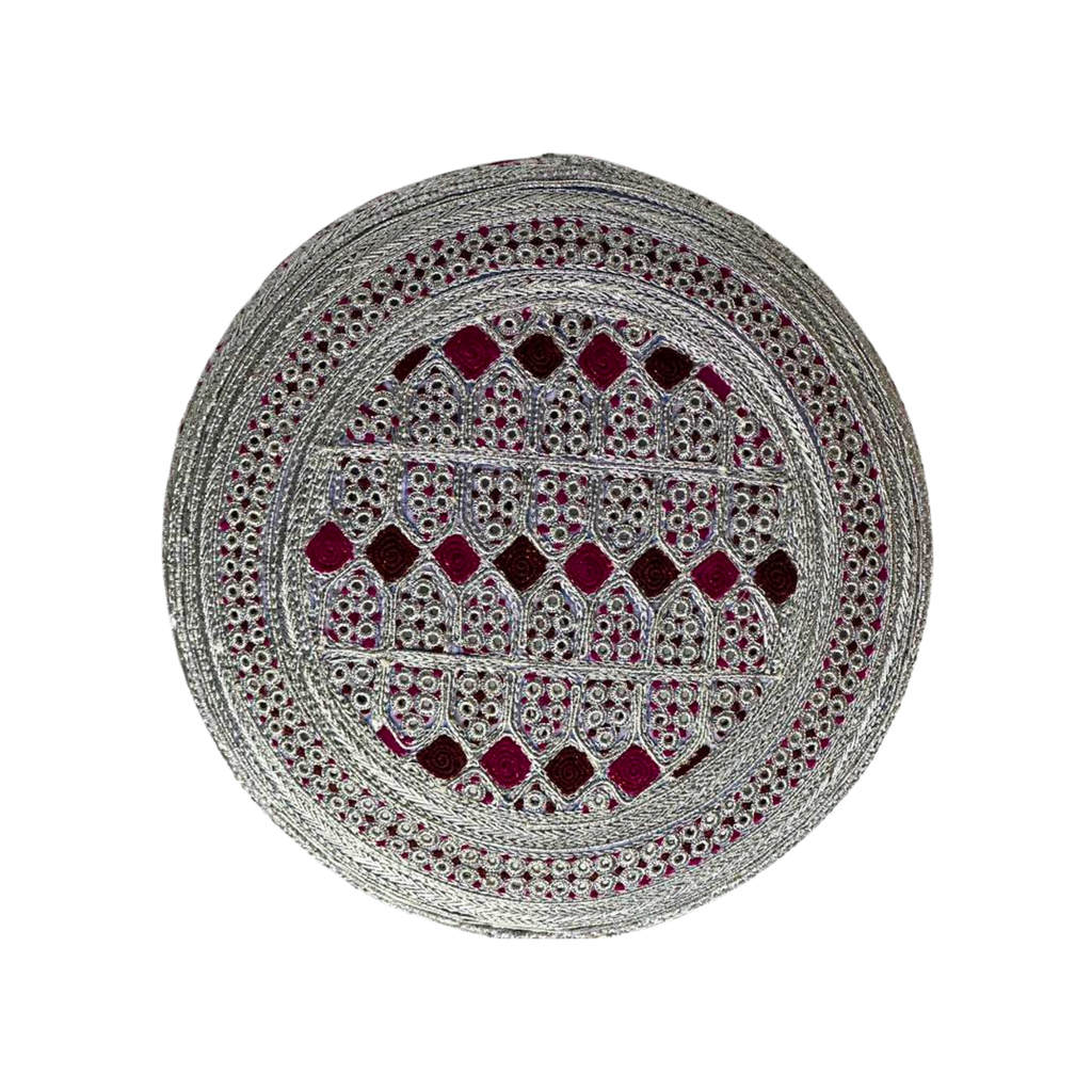 White Sindhi Topi - Red Stitching - Red And Pink Tikki - Raja Cap
