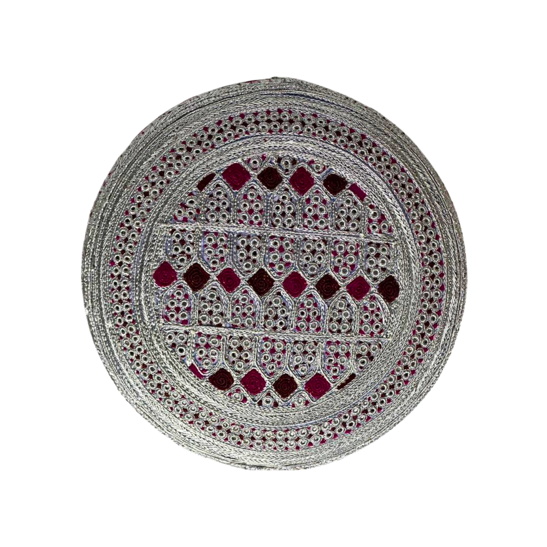 White Sindhi Topi - Red Stitching - Red And Pink Tikki - Raja Cap