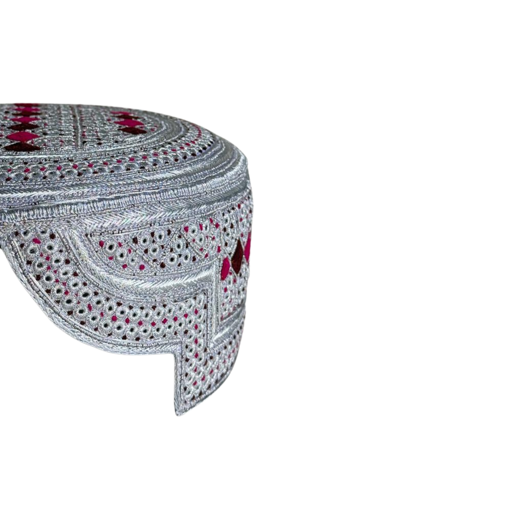 White Sindhi Topi - Pink Stitching - Pink and Brown Tikki - Raja Cap