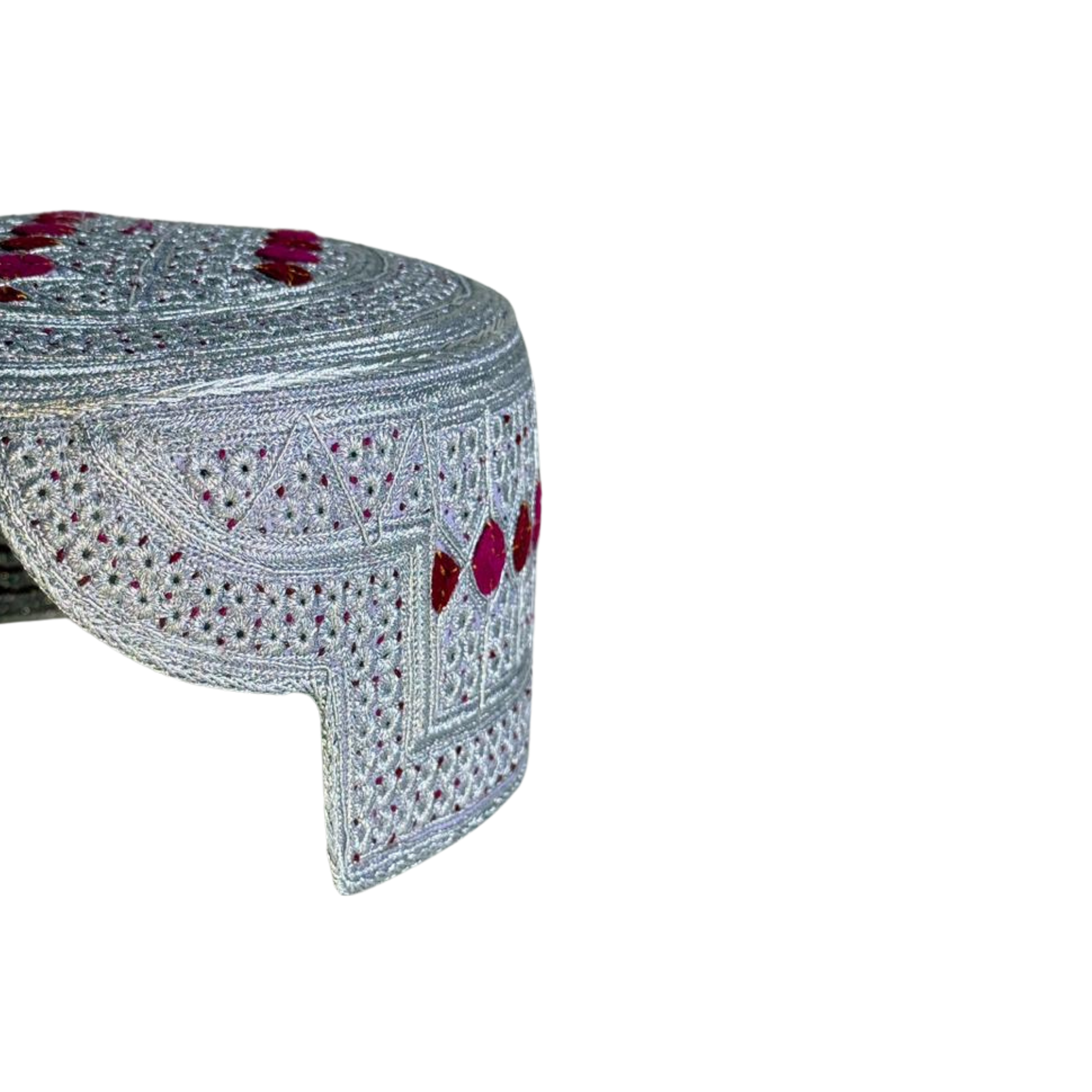 White Sindhi Topi - Pink Stitching - Pink and Maroon Tikki - Raja Cap
