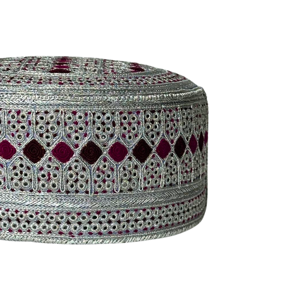 White Sindhi Topi - Red Stitching - Red And Pink Tikki - Raja Cap