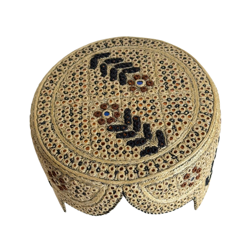 Golden Sindhi Topi - Flower Design - Blue Shade - Nasir Bhai