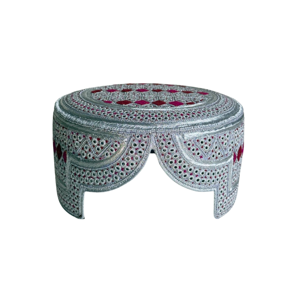 White Sindhi Topi - Pink Stitching - Maroon and Pink Tikki - Raja Cap