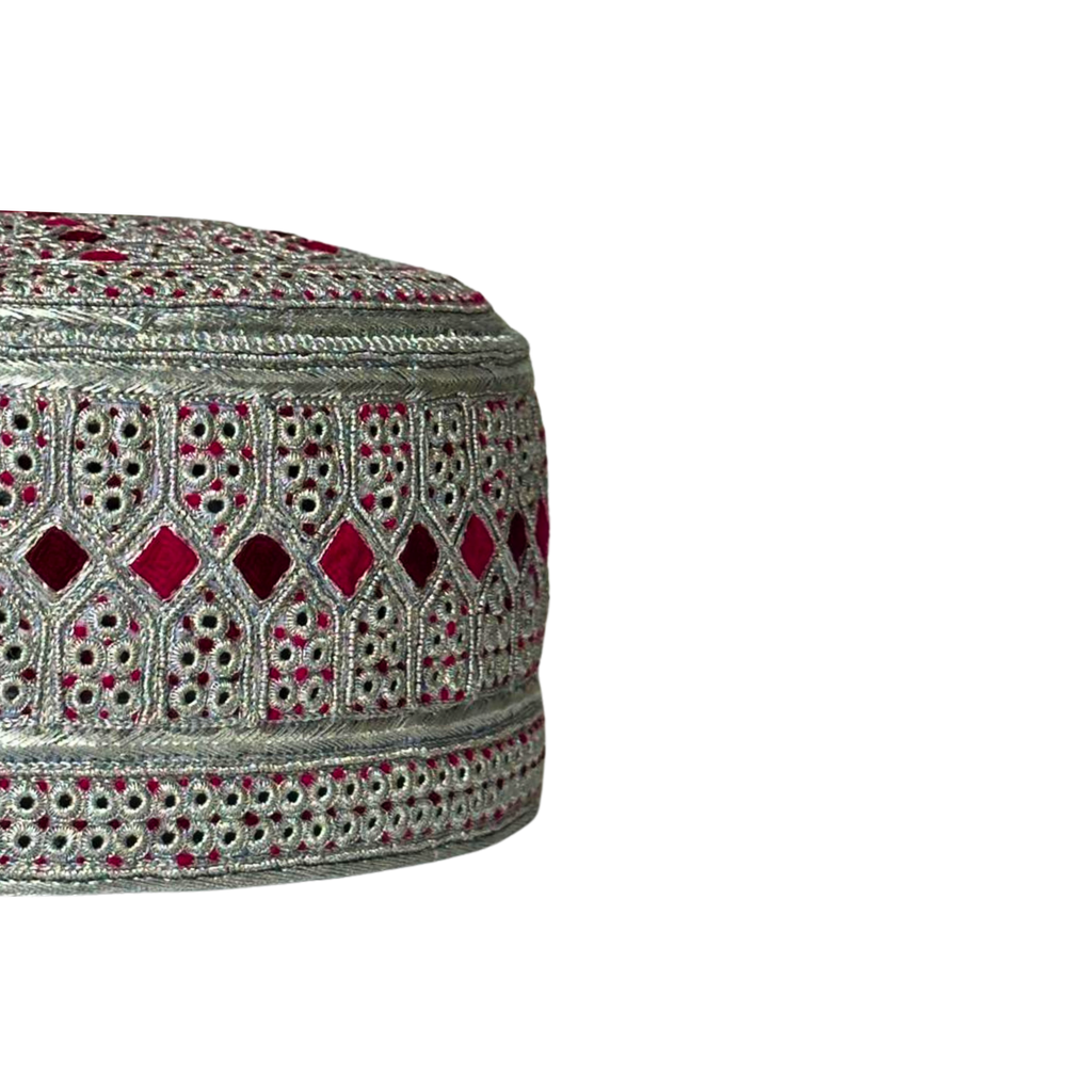 White Sindhi Topi - Pink Stitchin - Pink And Maroon Tikki - Raja Cap