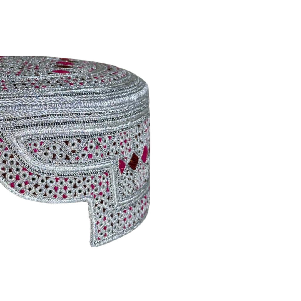 White Sindhi Topi - Pink Stitching - Red and Pink Tikki - Raja Cap