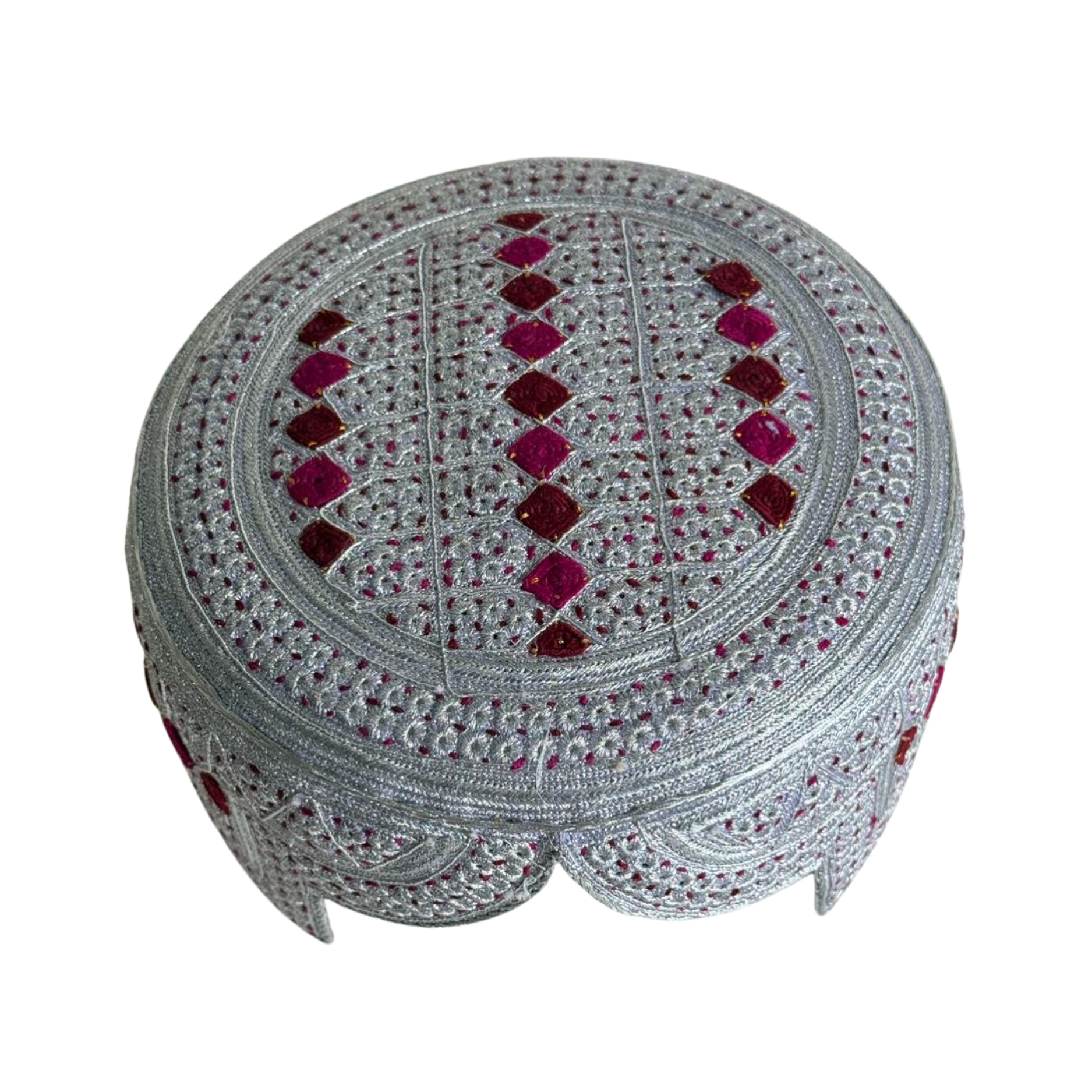 White Sindhi Topi - Pink Stitching - Pink and Maroon Tikki - Raja Cap