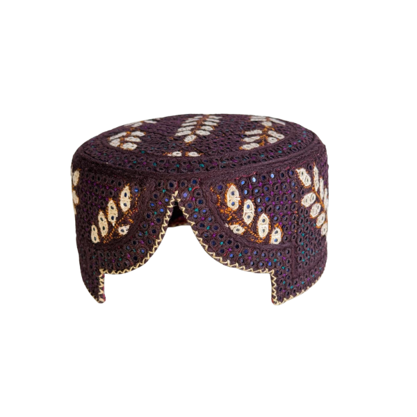 Brown Sindhi Topi - Flower Design - Blue Shade - Nasir Bhai