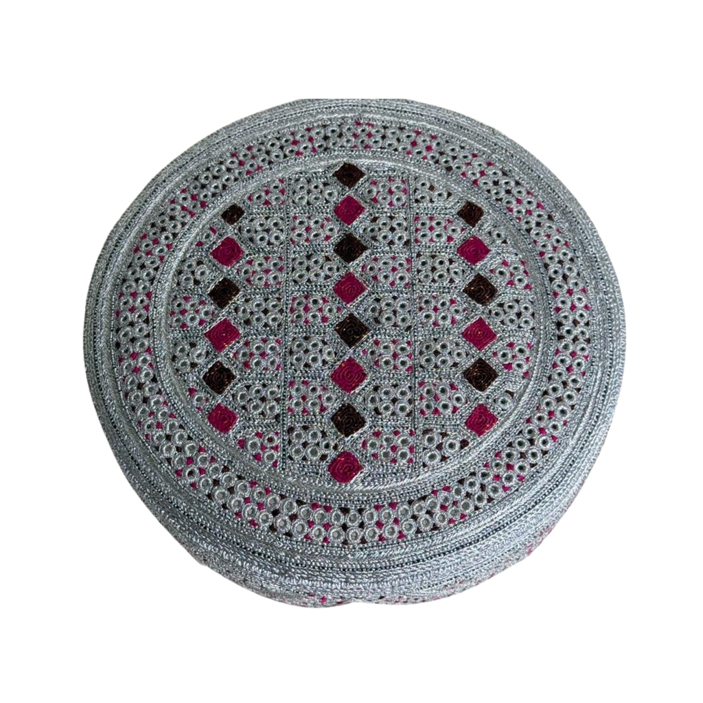 White Sindhi Topi - Pink Stitching - Red and Pink Tikki - Raja Cap