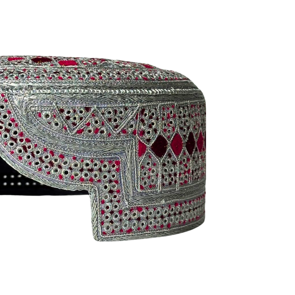 White Sindhi Topi - Pink Stitching - Maroon And Pink Tikki - Raja Cap