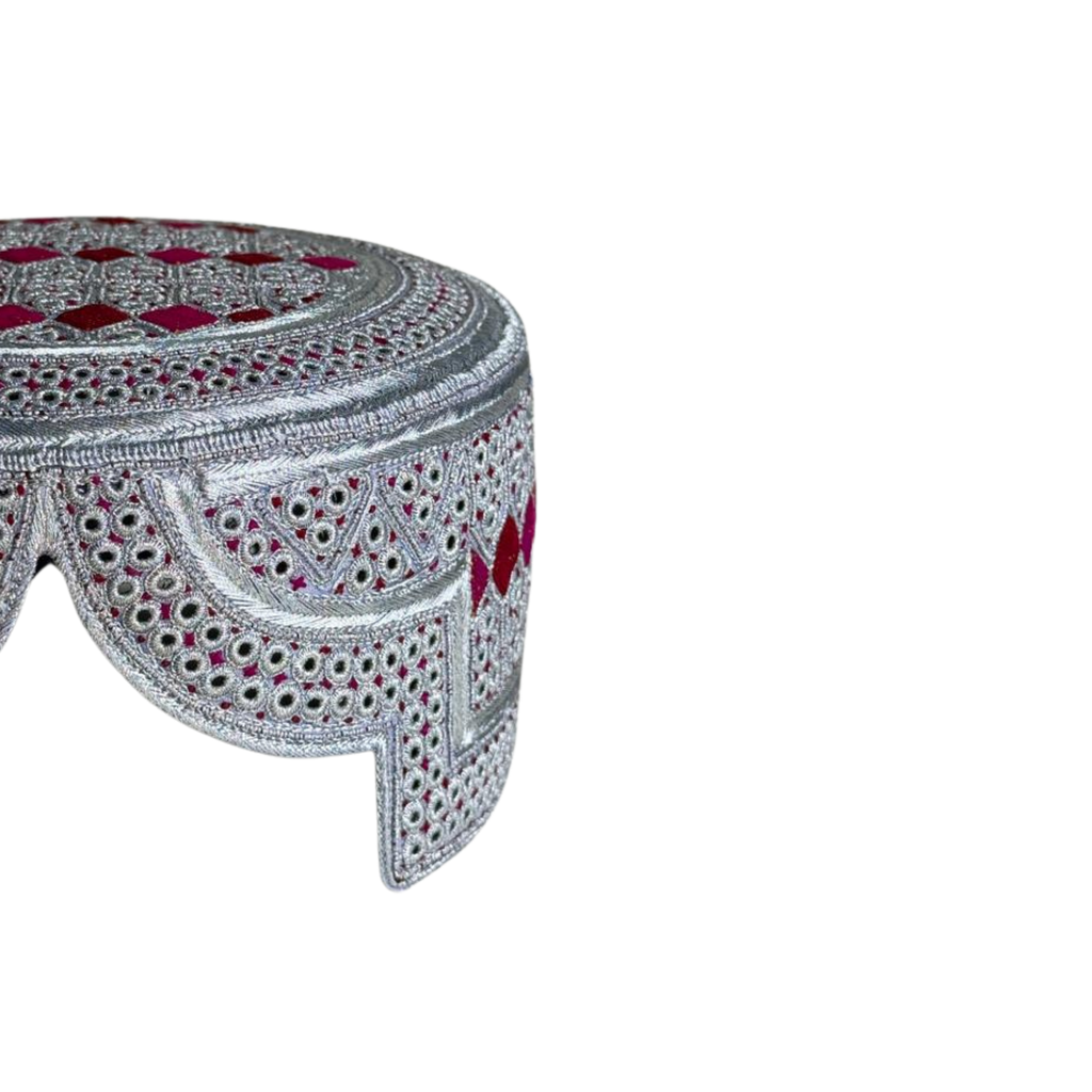 White Sindhi Topi - Pink Stitching - Maroon and Pink Tikki - Raja Cap
