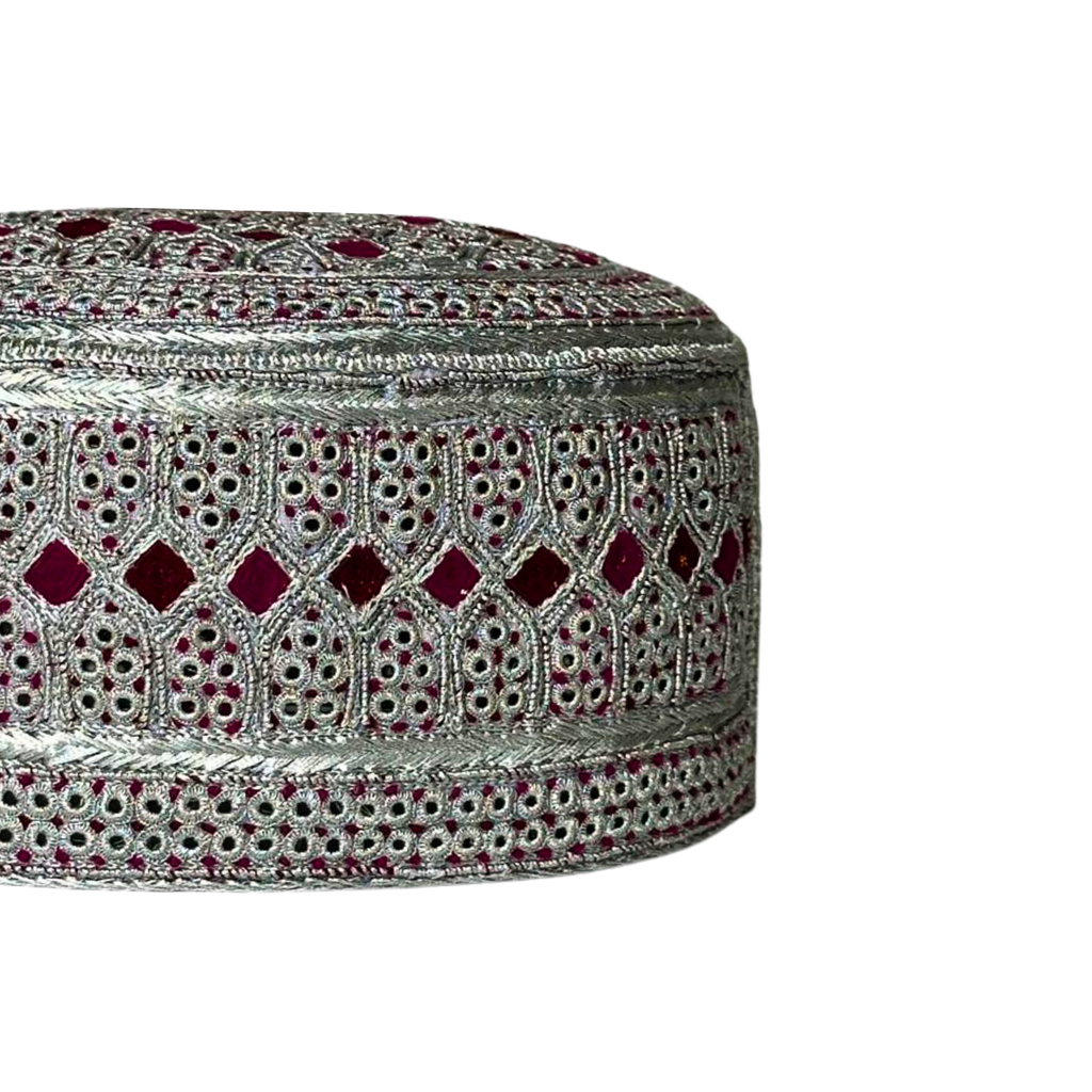 White Sindhi Topi - Pink Stitching - Pink And Maroon Tikki -  Raja Cap