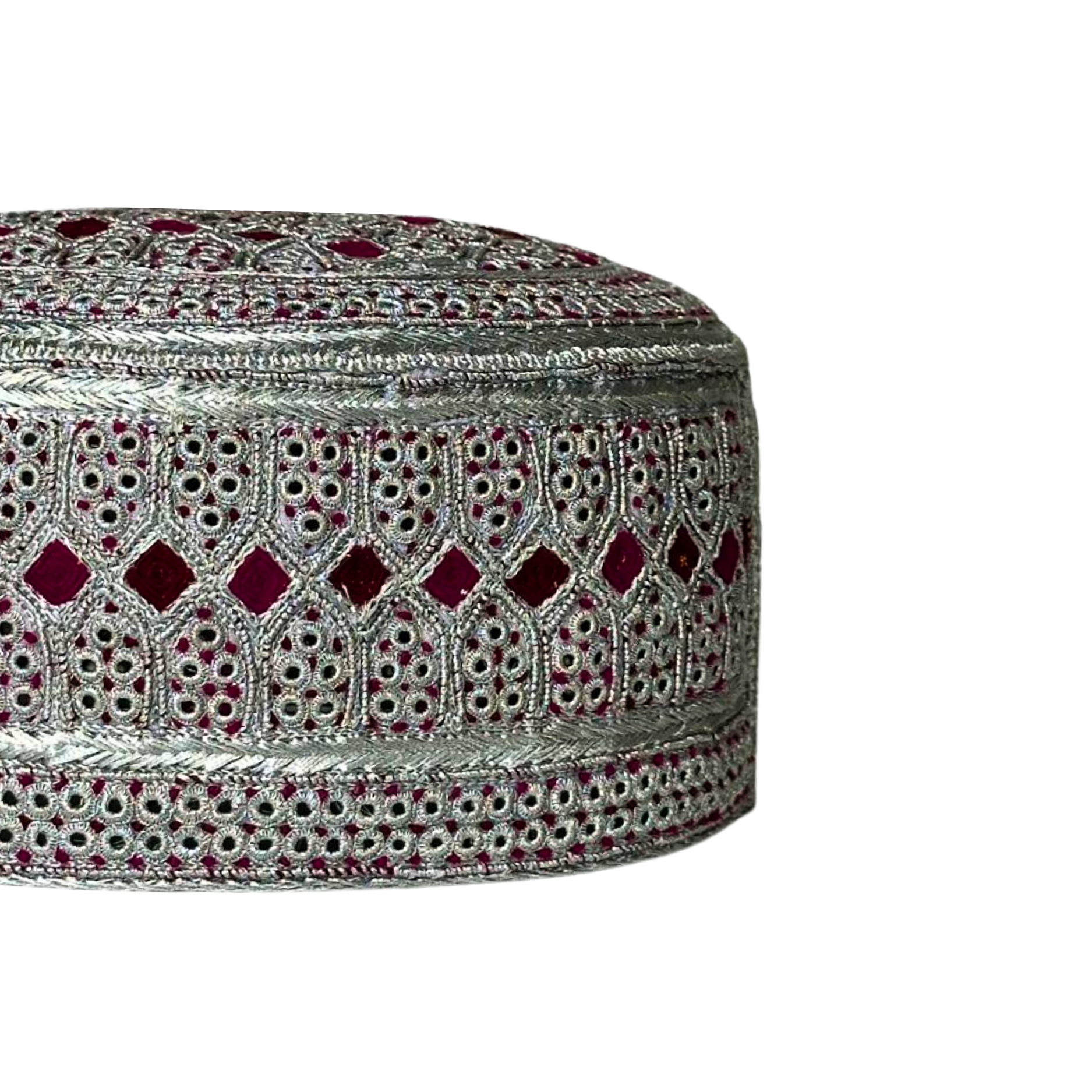 White Sindhi Topi - Pink Stitching - Pink And Maroon Tikki -  Raja Cap