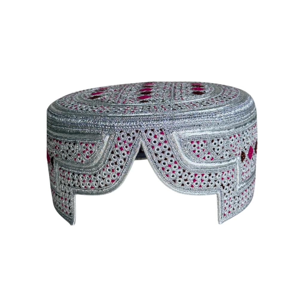White Sindhi Topi - Pink Stitching - Red and Pink Tikki - Raja Cap