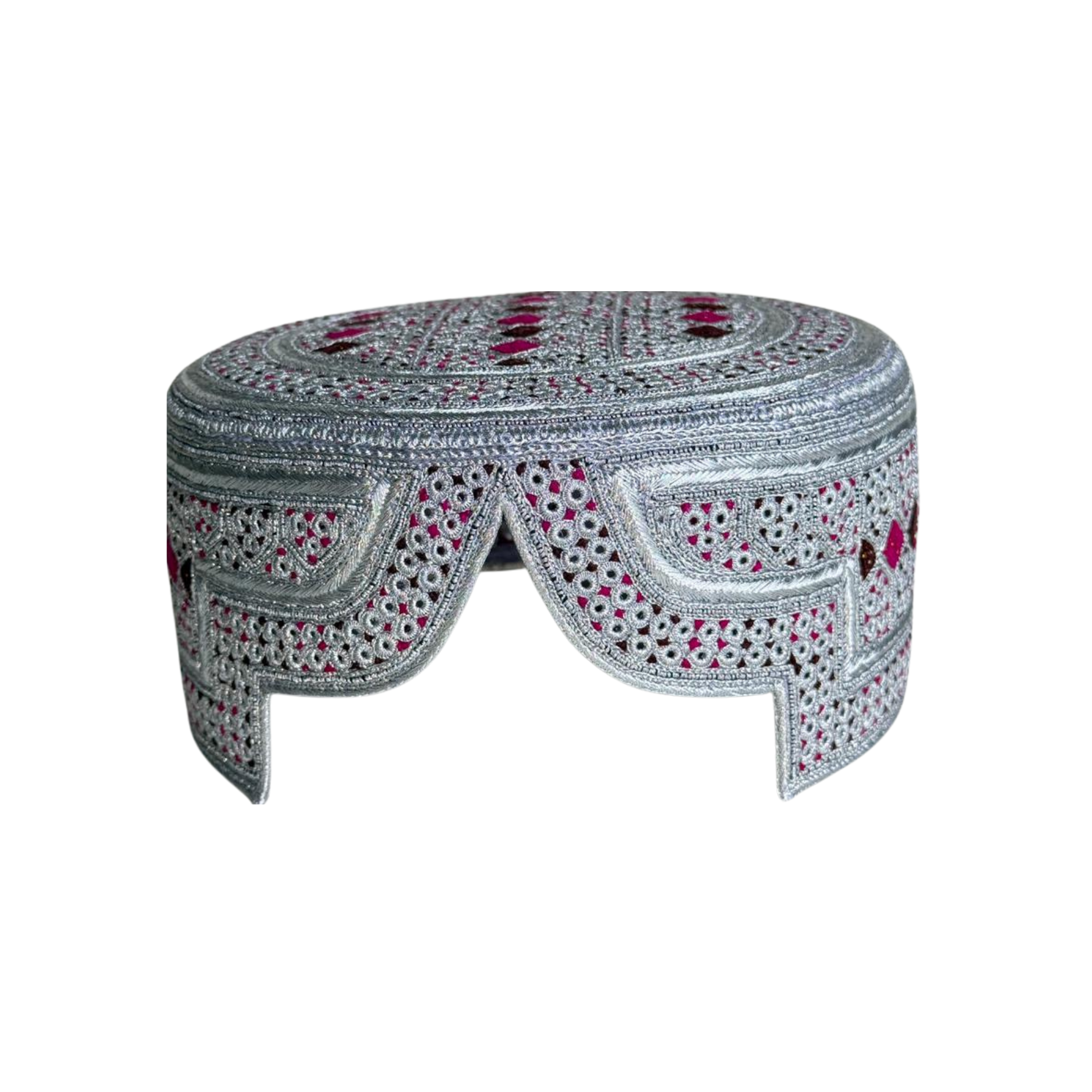 White Sindhi Topi - Pink Stitching - Red and Pink Tikki - Raja Cap