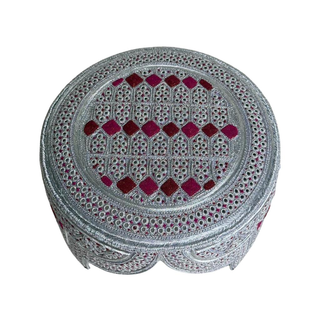 White Sindhi Topi - Pink Stitching - Maroon and Pink Tikki - Raja Cap